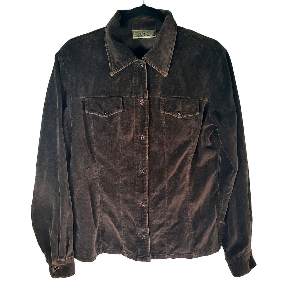 Vintage Express Velvet Button Up Shirt In Brown Snap Red Button
